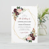 バーガンディ&赤面フローラ金ゴールドジ結婚オメトリ 招待状 (スタンド正面)