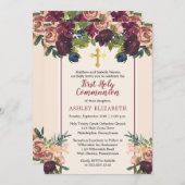 バーガンディ |赤面水彩フローラ聖体 招待状 (正面/裏面)