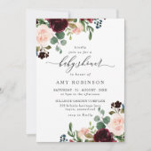 バーガンディ&赤面水彩赤エレガントちゃんシャワー 招待状 (正面)