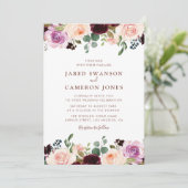 バーガンディ·赤面&パープル·秋·結婚フローラズ 招待状 (スタンド正面)