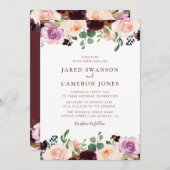 バーガンディ·赤面&パープル·秋·結婚フローラズ 招待状 (正面/裏面)