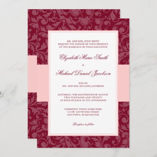 バーガンディ·赤面·ピンク·ダマスク·スワ結婚ールズ 招待状 (正面/裏面)