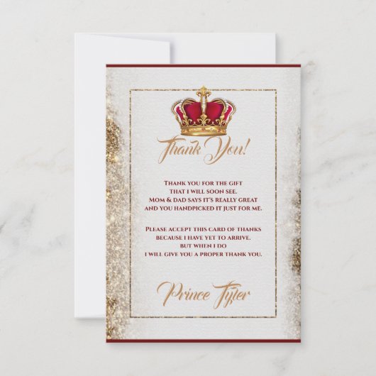 バーガンディ&金ゴールドクラウンベビーシャワーサンキューカード サンキューカード (正面)