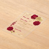 バーガンディ&金ゴールドフラワーエレガントな結婚式 アクリル招待状 (レイダウン)