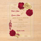 バーガンディ&金ゴールドフラワーエレガントな結婚式 アクリル招待状 (正面)