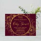 バーガンディ&金ゴールドモダン牡丹トイレベビーシャワー 箔招待状 (立ち正面)