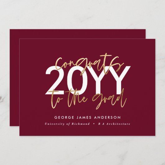 バーガンディ・金ゴールドモダン・ススタイリッシュクリプト卒業 招待状 (正面/裏面)