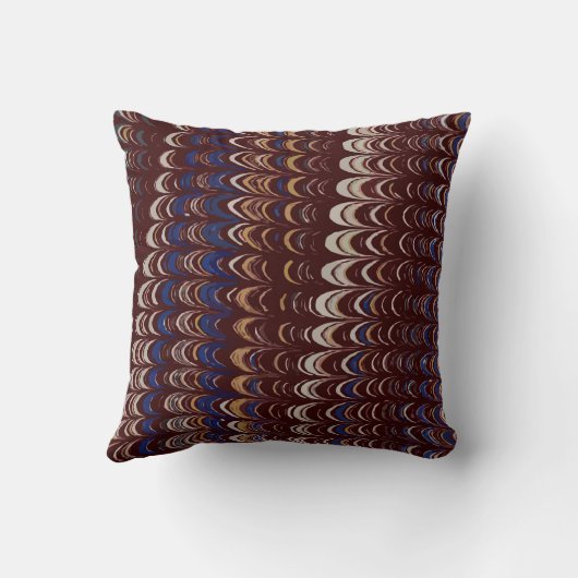 バーガンディ、青と白の波状パターン クッション (裏面)