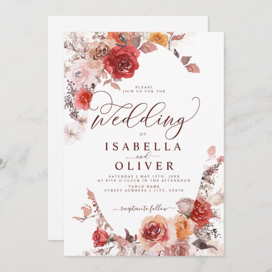 バーガンディ・ burnt orange ボホテラクッタの結婚式招待状 招待状 (正面/裏面)