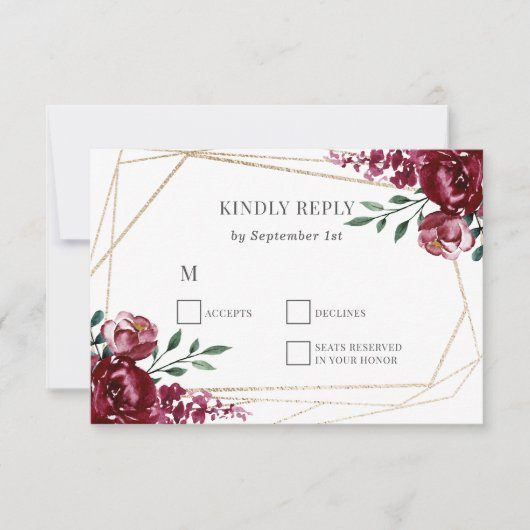 バーガンディ | Marsala RedフローラウェディングRSVPカード 出欠カード (正面)