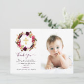 バーガンディBohoの花柄および金ゴールドの十字の洗礼の写真 サンキューカード (スタンド正面)