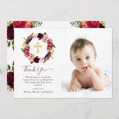 バーガンディBohoの花柄および金ゴールドの十字の洗礼の写真 サンキューカード (正面/裏面)