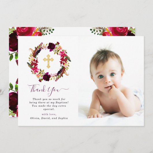 バーガンディBohoの花柄および金ゴールドの十字の洗礼の写真 サンキューカード (正面/裏面)