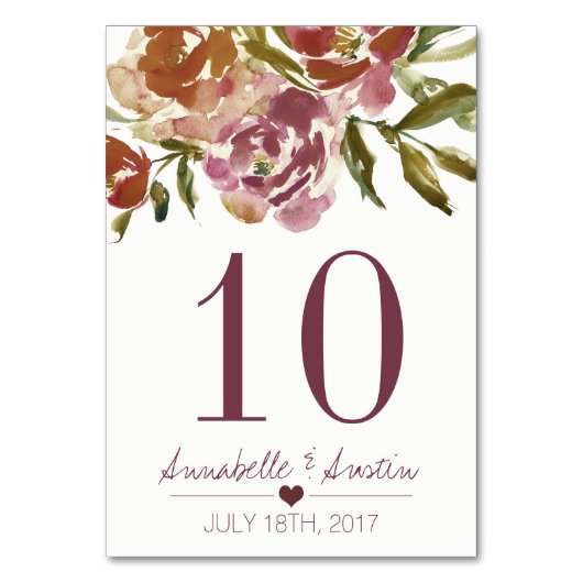 バーガンディMarsalaの秋の花の結婚式のテーブルカード テーブルナンバー (正面)