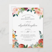 バーガンディMarsalaの赤面のピンクの花の誕生会 インビテーションポストカード (正面/裏面)