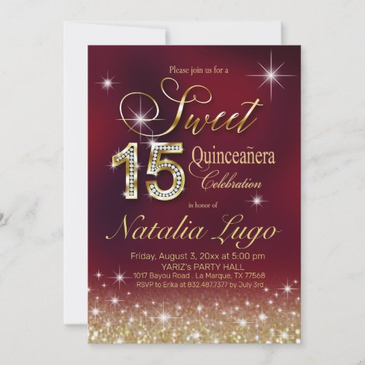 バーガンディMarsalaの金ゴールドのグリッターの菓子15キンセアニェラ 招待状 (正面)