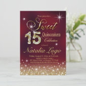 バーガンディMarsalaの金ゴールドのグリッターの菓子15キンセアニェラ 招待状 (スタンド正面)