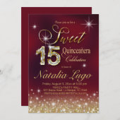 バーガンディMarsalaの金ゴールドのグリッターの菓子15キンセアニェラ 招待状 (正面/裏面)