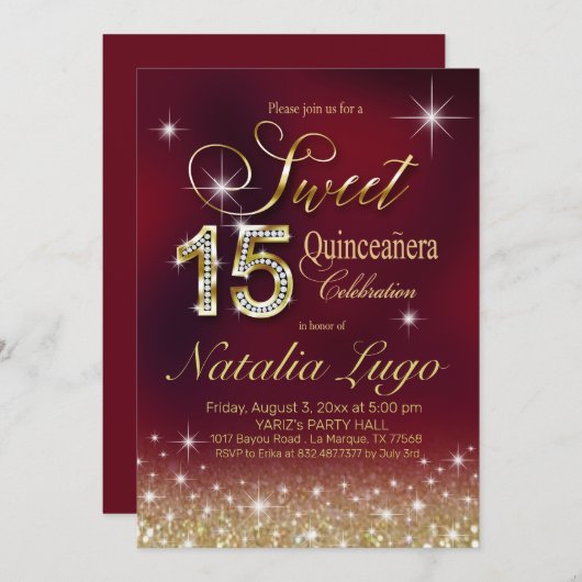 バーガンディMarsalaの金ゴールドのグリッターの菓子15キンセアニェラ 招待状 (正面/裏面)