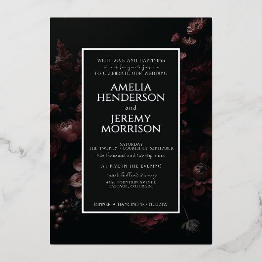 バーガンディMoodyフローラと詳細 箔招待状 (正面)