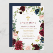 バーガンデエレガントィ海軍フローラ《キリスト教》洗礼式や命名式 招待状 (正面/裏面)