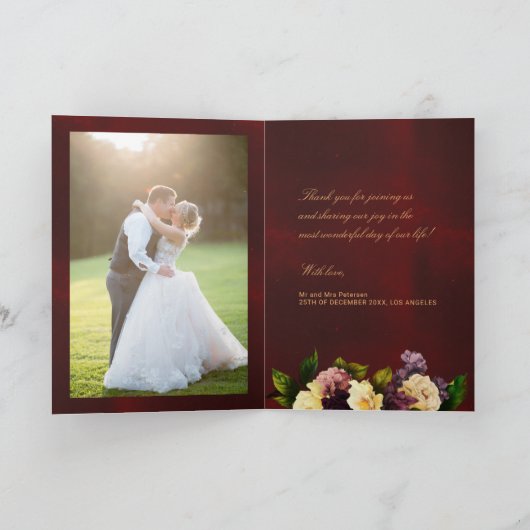 バーガンデフォーマルィ·金ゴールド·クリス結婚マスの写真 サンキューカード (内部)