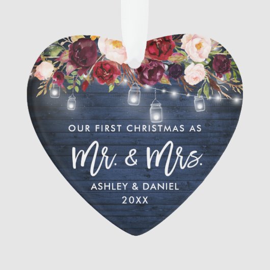 バーガンデ素朴ィ·フローラ·ジャーがクリスマス·ブルーを点灯 オーナメント (正面)