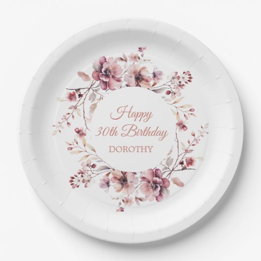 バーガンパーソナライズされたディーピンクフローラ30歳の誕生日 ペーパープレート (正面)
