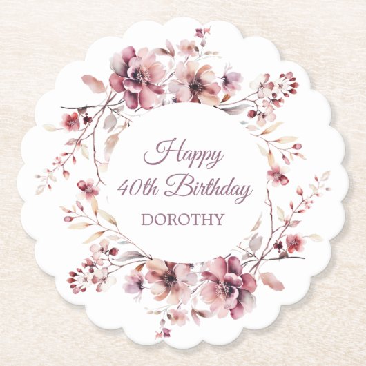 バーガンパーソナライズされたディーピンクフローラ40歳の誕生日 ペーパーコースター (正面)