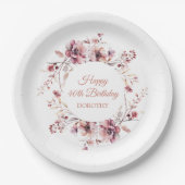 バーガンパーソナライズされたディーピンクフローラ40歳の誕生日 ペーパープレート (正面)