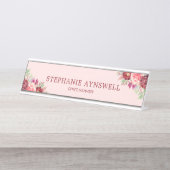 バーガンモダンディ赤面ピンクフローラ水彩 デスクネームプレート (正面)