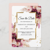 バーガンモダンディ赤面ピンクフローラ&金ゴールドフレーム セーブザデート (正面/裏面)