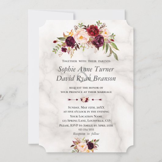 バーガンモダンディ赤面フラワーズマーブル結婚ズ 招待状 (正面)