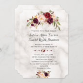 バーガンモダンディ赤面フラワーズマーブル結婚ズ 招待状 (正面/裏面)