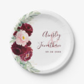 バーガンモダンディ赤面フローラグ結婚レリー ペーパープレート (正面)