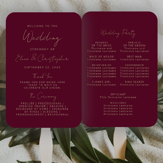 バーガンモダンディ金ゴールド手書き結婚式 プログラム ハンドファン