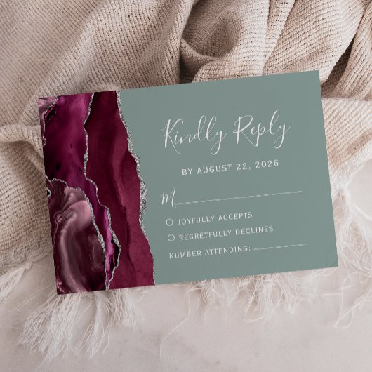 バーガンモダンディ銀アゲートセージ結婚グリーン 出欠カード