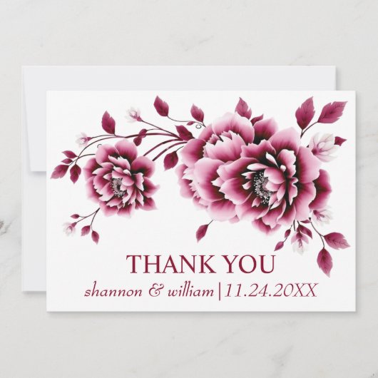 バーガン中国のディ牡丹の花の結婚フローラ サンキューカード (正面)