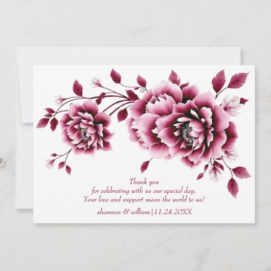 バーガン中国のディ牡丹の花の結婚フローラ サンキューカード (裏面)