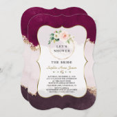 バーガン王室のディーピンクの花金ゴールドブライダルシャワー 招待状 (正面/裏面)