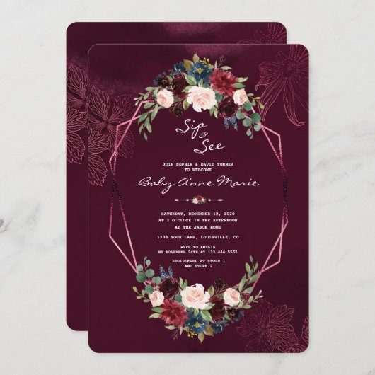 バーガン王室のディ赤面フローラシップ&ベビーシャワーを参照 招待状 (正面/裏面)