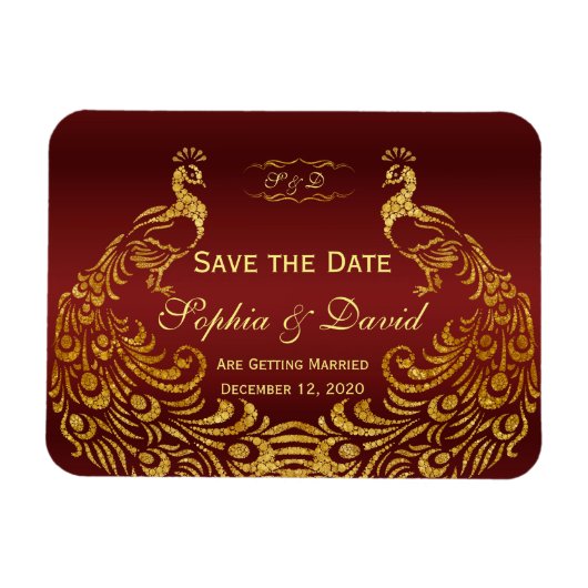バーガン王室のディ金ゴールド孔雀ウェディング日付を保存 マグネット (横)