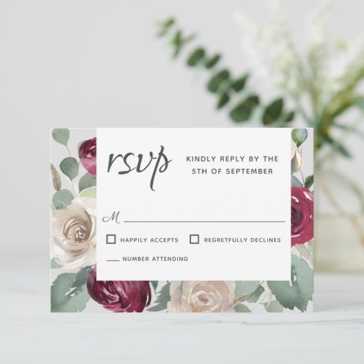 バーガン素朴ディと白のバラ水の色フローラ 出欠カード (スタンド正面)