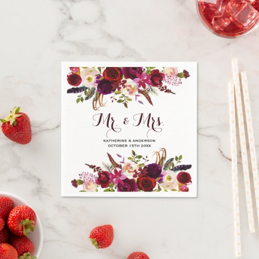 バーガン素朴ディのシックなフローラミスターとミセス結婚ズ スタンダードカクテルナプキン (インサイチュ)