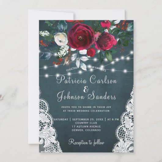 バーガン素朴ディの牡丹の冬のラ結婚イト 招待状 (正面)