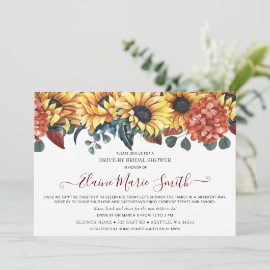 バーガン素朴ディひまわりドライブスルーブライダルシャワー 招待状 (スタンド正面)