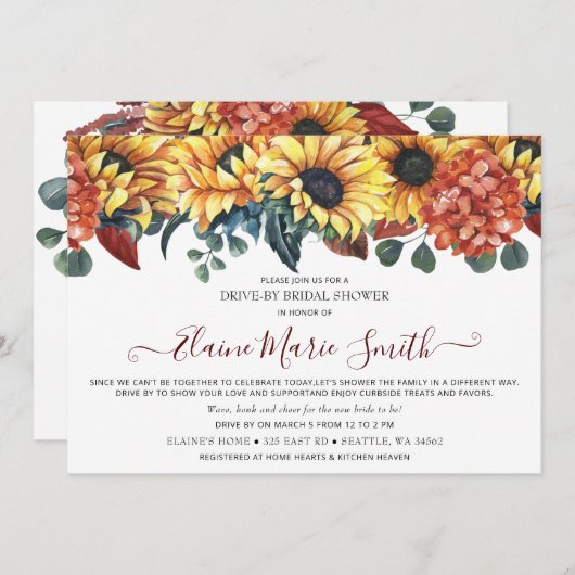 バーガン素朴ディひまわりドライブスルーブライダルシャワー 招待状 (正面/裏面)