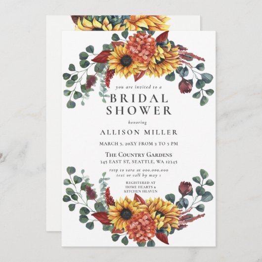 バーガン素朴ディひまわりブライダルシャワー 招待状 (正面/裏面)