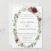 バーガン素朴ディアイボリーフローラリースリーフ結婚ィーズ 招待状 (正面)