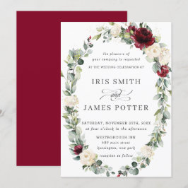 バーガン素朴ディアイボリーフローラリースリーフ結婚ィーズ 招待状